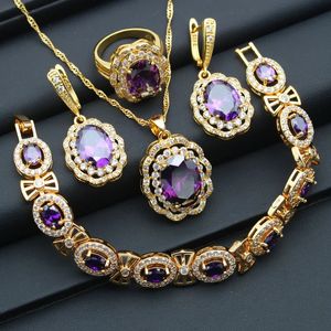 Роскошные фиолетовые циркониевые золотые комплекты свадебных украшений для женщин, свадебные серьги, кулон, кольцо, браслет-цепочка, подарок 240115