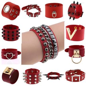 Charm Bracelets Wholesale Red PU Leather Studded Punk Students Bracelet Goth Gothic Rivet Wristband For Women Jewelry