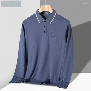 Polos masculinos primavera outono sólido pulôver turn-down colarinho bolso impresso botão manga longa camiseta polo casual formal topos