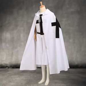 Medeltida Templar Knights Cloak Set Men's Cosplay White Warrior Larp Costume Tunic Cape Black Cross Print Ouitfit204i
