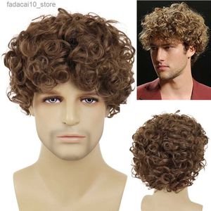 Synthetic Wigs GNIMEGIL Men Wigs Natural Hairstyle Synthetic Fiber Short Brown Wig with Bangs Curly Wig Cosplay Carnival Halloween Costume Wig Q240115