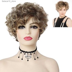 Synthetische Perücken GNIMEGIL Synthetische kurze lockige Perücken für Frauen, blonde Perücke mit dunklem Wurzel-Ombre, natürliche Frisur, Cosplay, Halloween, Party, Alltag, Q240115