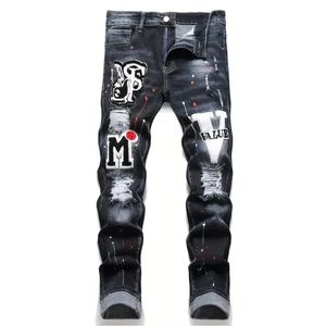 Män y2k stretchy denim jeans rippade magra brev tryck elastiska midja avslappnade byxor för män hål smal fit hip hop byxor 240113