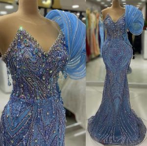 2024 ASO EBI Sky Blue Mermaid Prom Dress Pearls Crystals Sheer Neck Evening Formal Party Second Reception Birthday Engagement Gowns Dresses Robe de Soiree ZJ46