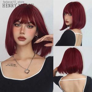 Synthetic Wigs HENRY MARGU Red Short Bob Straight Wig with Bangs Red Color Party Wigs Synthetic Cosplay Fake Hair Heat Resistant Women Full Wig Q240115