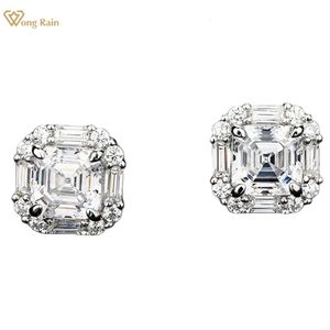 Wong Rain, стерлинговое серебро 925 пробы, огранка Asscher, созданный рубиновый драгоценный камень, свадебные простые серьги-гвоздики, ювелирные изделия, подарок 240113