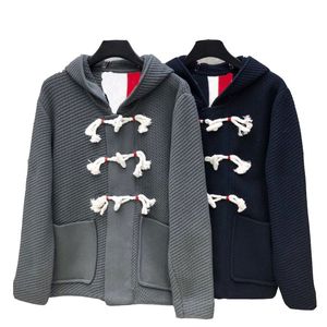 Spring Mens And Womens FUNMIX Cow Horn Button Wool Jacket Hooded Knitted Cardigan Blazer Simple Comfortable Couple Luxury Four Striped Jackets