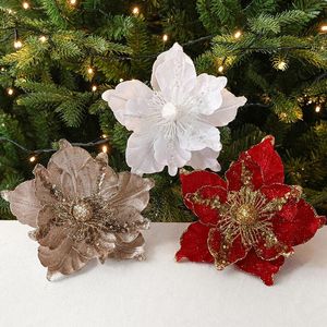 Decorative Flowers 22cm Glitter Artifical Champagne Christmas Flower DIY Red Multi Layer Mesh For Xmas Tree Ornaments Home Decorations