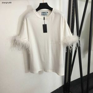 designer women T shirt luxurious fashion Feather cuff stitching short sleeve high quality ladies upper garment Jan 15