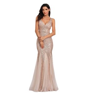 Women's Sleeveless Double V-Neck Long Mermaid Sequin Formal Evening Dresses