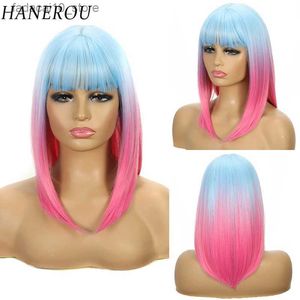 Synthetic Wigs HANEROU Synthetic Short Wig Straight Pink Blue Gradient Color Women Natural Wig With Bangs for Daily Party Cosplay Q240115