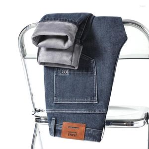 Jeans masculinos 2024 grosso quente inverno homens velo negócios casual estiramento reto denim cowboy estudante calças masculino clássico