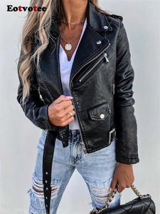 Kurtka skórzana eotvotee dla kobiet Kieszenie z długim rękawem Moto Crop Coats Streetwear Fashion Biker Casual 240115