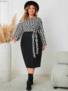 Basic Casual Dresses Basic Casual Dresses Robe lacets pied-de-poule manches longues pour femmes robe d'automne manches longues grande taille YQ240115