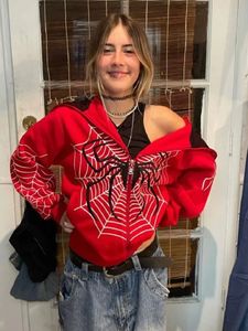 Y2k Emo Donna Streetwear Felpa con cappuccio Spider Web Felpe con zip rossa Felpa oversize grunge Gotico Harajuku Alt Giacche Abbigliamento 240113