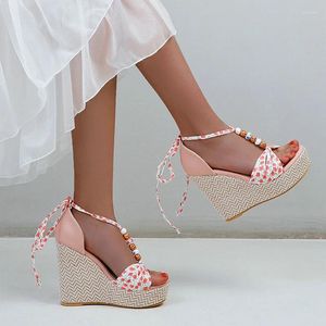 Sandálias Preto Rosa Khaki Plataforma Cunhas Salto Alto Mulheres Open Toe Lace Up Sapatos Femininos PU Vestido De Couro Senhoras