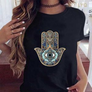Hamasa Hand of Fatima Print Women's T-Shirts Lucky Hamsa Hand Harajuku Unisex T Shirts Summer Short Sleeve Black Top Tees Female