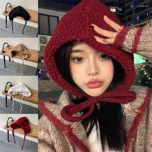 Berets Winter Thicken Cashmere Balaclava Hat Versatile Solid Color Ear Protection Fashion Cute Pullover Knitted Lamb Cap Scarf Set