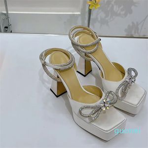 Luxury square head waterproof platform sandals crystal bow women's thick high heels sexy walking 35-40 with box