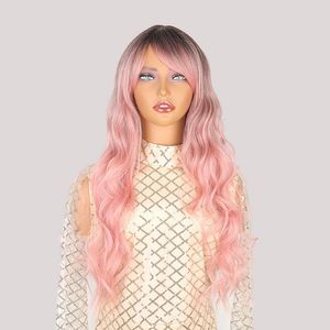 Peruca sintética para mulheres com franja grande ondulado diário longo cabelo rosa conjunto peruca elegante alta temperatura seda cabeça cover240115
