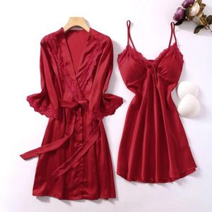 Women's Sleepwear 2 Pcs/Set Pajama Set Lace Patchwork Bow Decor Silky Lace-up Tight Waist Loose Long Sleeve Nightgown Split Nightdress