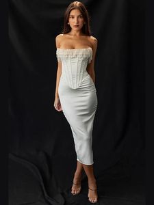 Mingmingxi Elegantes Perlen-Quasten-Korsettkleid, lang, Midi, figurbetont, formelle Partykleider, Satin, sexy Kleidung, Damentrends 240115