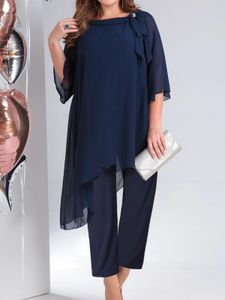 Kvinnor Chiffon Plus Size Two Piece Set Asymmetric Hem Ankle Length Pant Office Lady Lady Half Sleeve Autumn Outfit Matching 240115