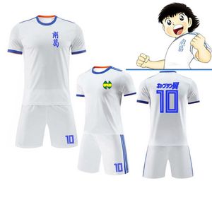 Crianças e homens tamanhos capitão tsubasa cosplay traje oliver atom branco jerseys atom frança atton maillot de pé enfant cos conjunto completo233o