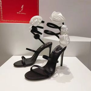 Zarif Renecaovilla avize sandaletler ayakkabı kadınlar parıltı tabanı saten çiçek çıtır sarmal sararlar kayış yüksek topuklu seksi bayan parti düğün pompaları eu35-43