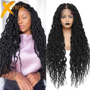 Perucas sintéticas X-TRESS Perucas longas trançadas sintéticas para mulheres negras 13X4 Lace Front Free Part Goddess Faux Locs 32 Lace Wig Natural Daily Use Q240115