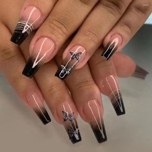 False Nails 24pcs Manicure Full Cover DIY Press On Fake Long French Ballerina Shining Dazzling Crystal Buttefly