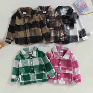 Jackets hoodies Focusnorm 0-5y Toddler Kid Boy Girls Autumn Flannel Coat 5 Färger Lång ärm Plaid Tryckt LAPEL-knappstängning Jackorl240115