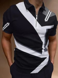 Men Polo Shirts Summer High Quality Casual Daily Short Sleeve Striped Mens Turndown Collar Zippers Tees 240115