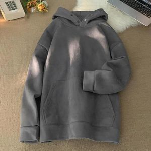 Men's Hoodies Button Collar Hoodie Retro Style Plush with Elastic Cuff Buttons Mid Length Pocket Warm Solid Color for Fall