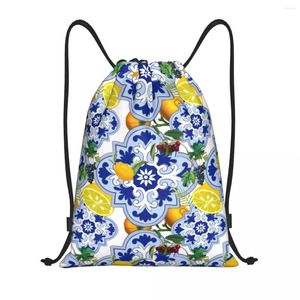 Shopping Bags Custom Sicilian Summer Fruit Lemon Citrus Tiles Drawstring For Yoga Backpacks Women Men Sports Gym Sackpack