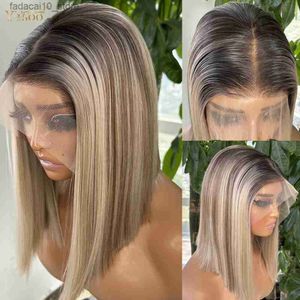 Syntetiska peruker Yysoo Short Ombre Highlight Glueless Straight Futura Hair 13x6 Syntetisk spets Front Bob Wig For Black Women Pre Plucked Hairline Q240115