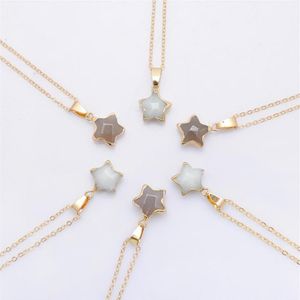 Pentagram Star Chain Necklace Pink Crystal Chakra Natural Stone Gold Plating Geode Druzy Quartz Pendant DIY Necklace Jewelry231L