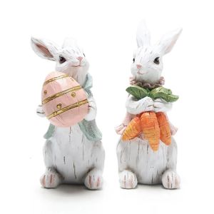 Cute Easter Rabbit Holding Eggs Ornaments Resin Bunny Carrots Happy Party Decoration For Home 240116