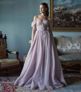 Från Lilac Elegant Shoulder Prom Dresses Pearls Pärlade A-Line Corset Tulle Long Formal Evening Clowns Löstagbara ärmar Princess Special OCN Dress