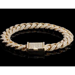 Real Solid 10K White/Rose/Yellow Gold Flower Setting Diamond Men Bracelet 10Mm 12Mm Cuban Link Chain
