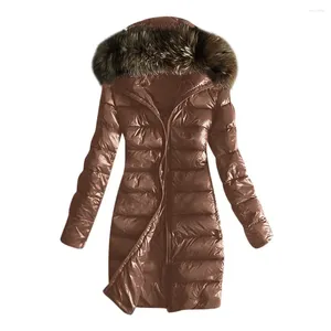 Women's Trench Coats Fur Collar Hoodie Parka Coat Women Winter Brown Hooded Slim Fit Jacket Casual Warm Cotton Jackets Overcoat Female
