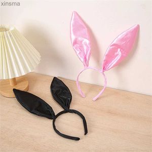 Headbands Black Pink Rabbit Ear Hairband Shiny Bunny Ear Hair Hoop For Adult Kids Halloween Cosplay Props Headdress Party Hair Accessories YQ240116