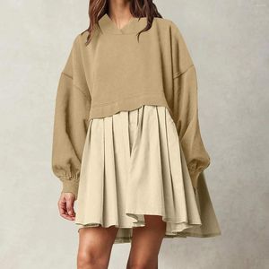 Casual Dresses In For Women 2024 Ruched Kne Length Hoodie Dress Solid Patchwork Long Sleeve Fall