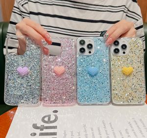 Luxury 3D Heart Love Confetti Cases for iPhone 15 Pro Max 14 Plus 13 12 11 XR XS X 8 7 6 Foil Sequin Shinny Bling Glitter Soft TPU Telefon Back Skin Fashion Girls Women Cover Cover