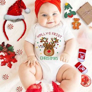 Rompers Custom Name Baby Pierwsze Boże Narodzenie Rompers spersonalizowane nowonarodzone kombinezon Xmas imprezowy strój ubrania chłopiec dziewczyna niemowlę body prezenty H240508