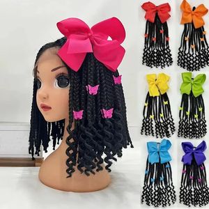 Dzieci pleciony kucyk z koralikami i łuk Kids Hair Extenteil z kręconym końcem dla dziewczyn Black Girl Hair Akcesoria 240116