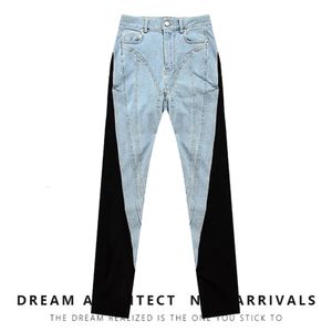 Jeans elastici e slim da donna 2023 Primavera Nuovo Autunno Giunzioni di colori a contrasto personalizzate, colori stradali chiari lavati