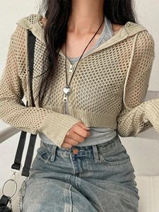 Jaquetas femininas Mulheres S Y2K Knit Cardigan Tops Manga Longa Zíper Oco Out Moletons com Capuz