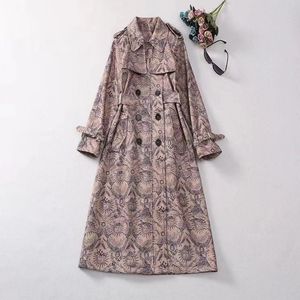 Europa och USA: s kvinnor 2024 Winter New Long Sleeve Lapel Vintage Print Double Breasted Fashion Trench Coat XXL