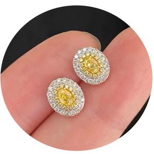 Xiy Au750 Fine Jewelry White Gold 0.7Ct Yellow Natural Real Diamond Oval Stud Earrings For Woman
